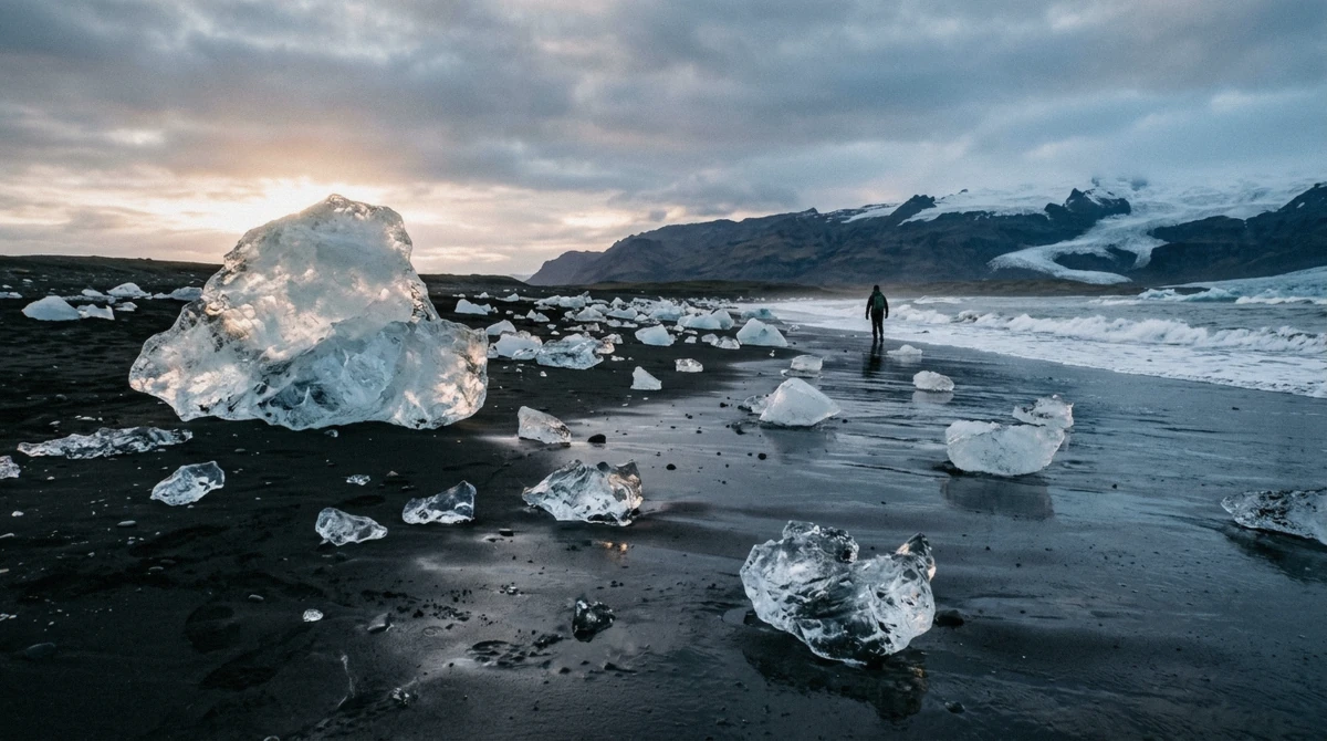 Clear lagoon ice on the black sand of Fellsfjara, Diamond Beach, next to Jokulsarlon glacier lagoon, Iceland