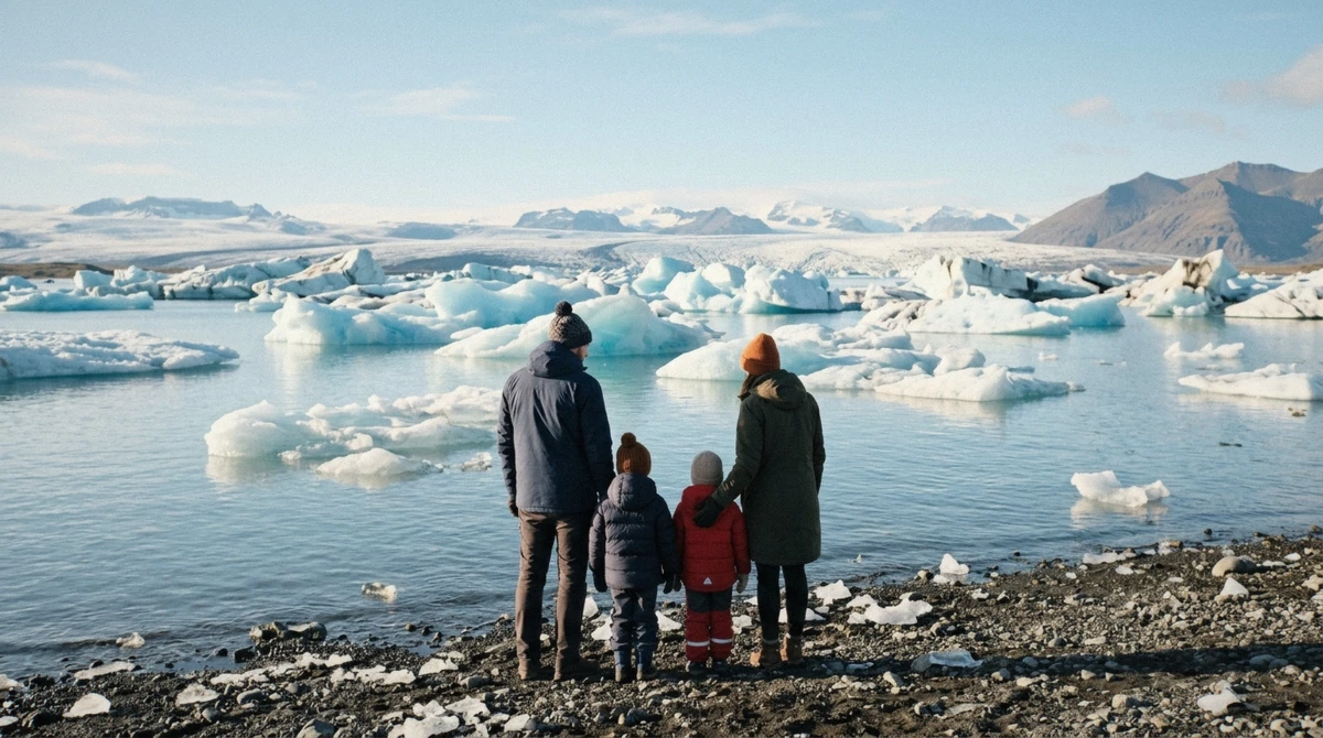 A family in warm coats watching icebergs from the shore path, the easiest version of jokulsarlon with kids