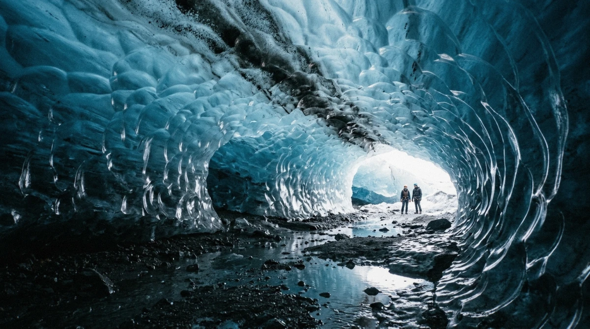 Blue ribbed ice walls inside a natural ice cave on a jokulsarlon ice cave tour in Breiðamerkurjökull, Iceland