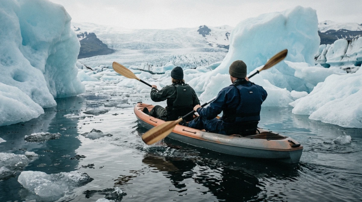 Two kayakers in dry suits paddling between blue icebergs on a jokulsarlon kayak tour, Iceland