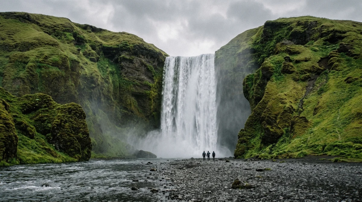 Skogafoss waterfall on the south coast of Iceland, a first-day stop on a 2 day south coast tour iceland