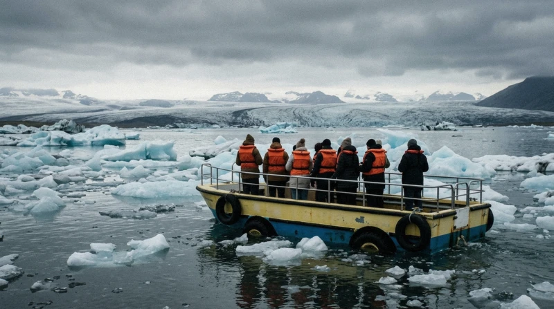 Amphibian boat cruising between icebergs on a Jökulsárlón glacier lagoon boat tour, Iceland