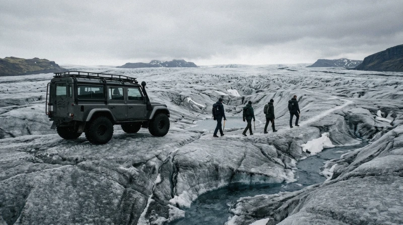 Small group trekking with ice axes past crevasses on an ice cave and glacier tour from Jökulsárlón, Iceland