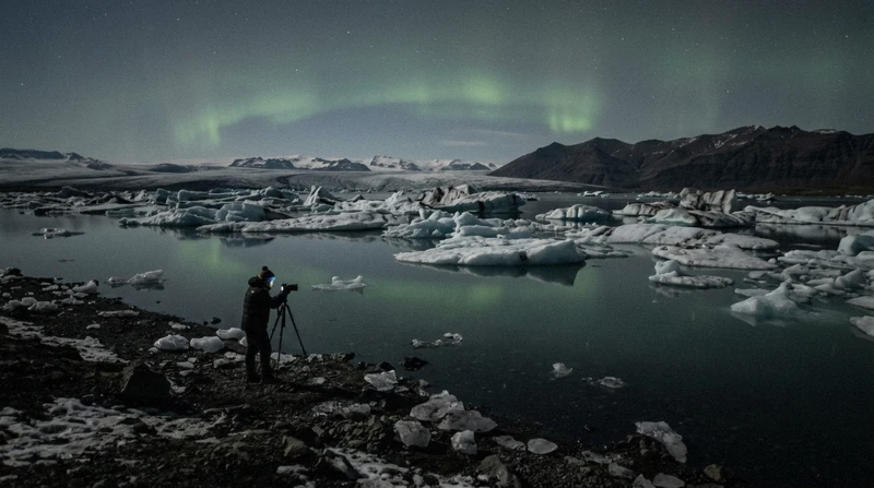 Northern lights over ice on a 2-day ice cave and Jökulsárlón glacier lagoon tour in south Iceland